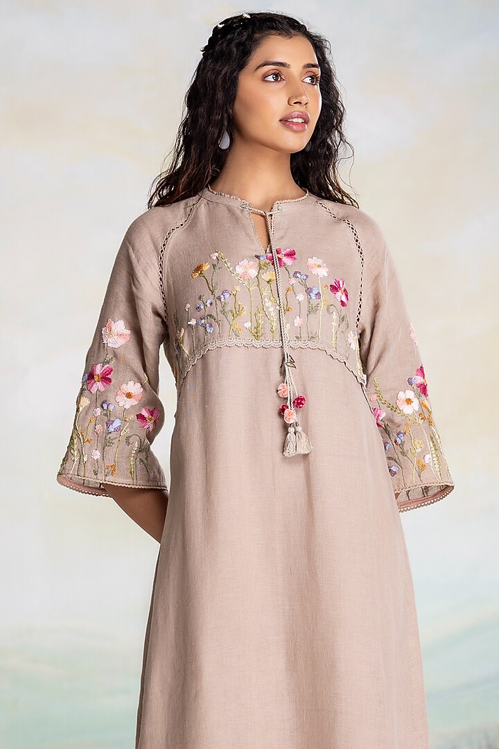 Cement Grey Linen Thread Embroidered Vacation Dress by Kaveri at Pernia's Pop Up Shop