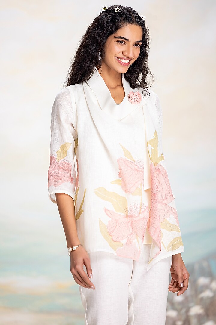 Off-White & Pink Linen Hand Screen Printed Co-Ord Set by Kaveri at Pernia's Pop Up Shop