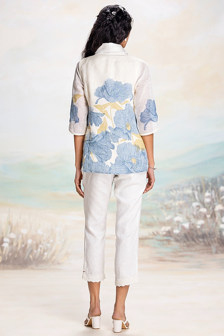 Off-White & Blue Linen Hand Screen Printed Co-Ord Set by Kaveri at Pernia's Pop Up Shop