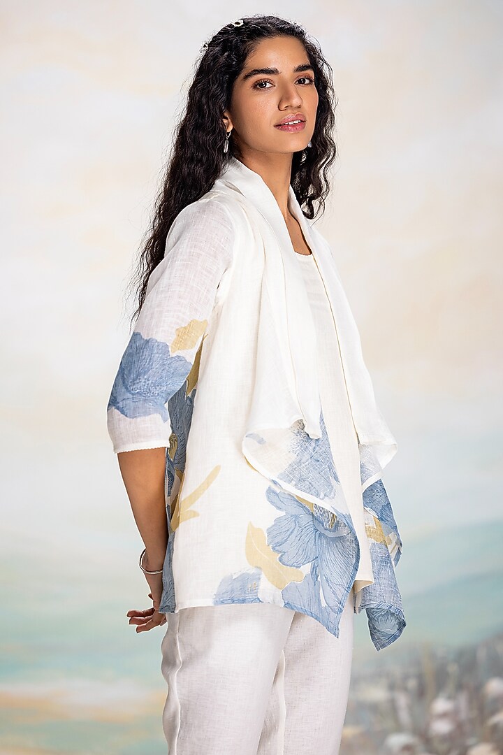 Off-White & Blue Linen Hand Screen Printed Co-Ord Set by Kaveri at Pernia's Pop Up Shop