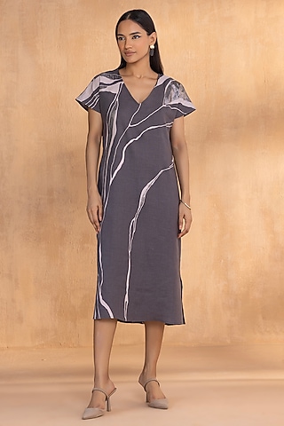 Natural-Colored Linen Printed Dress by Kaveri