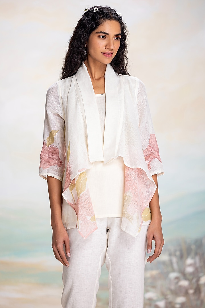 Off-White & Pink Linen Hand Screen Printed Jacket by Kaveri at Pernia's Pop Up Shop