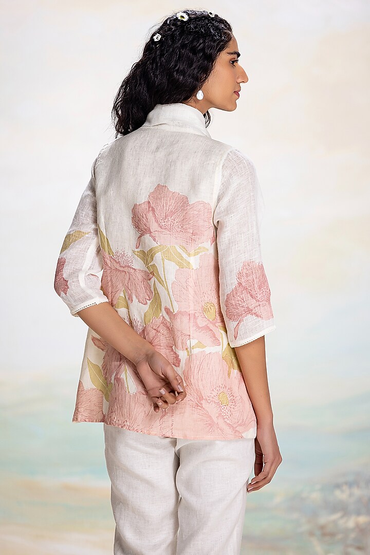 Off-White & Pink Linen Hand Screen Printed Jacket by Kaveri at Pernia's Pop Up Shop