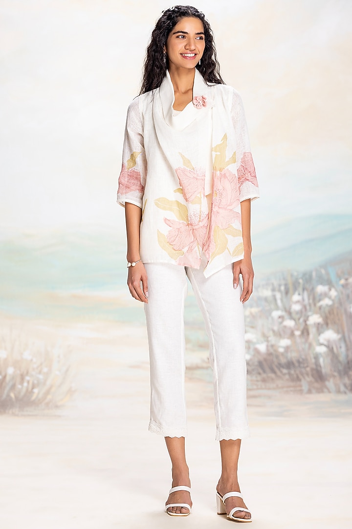 Off-White & Pink Linen Hand Screen Printed Jacket by Kaveri at Pernia's Pop Up Shop