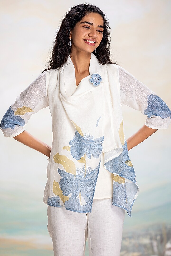Off-White & Blue Linen Hand Screen-Printed Jacket by Kaveri at Pernia's Pop Up Shop