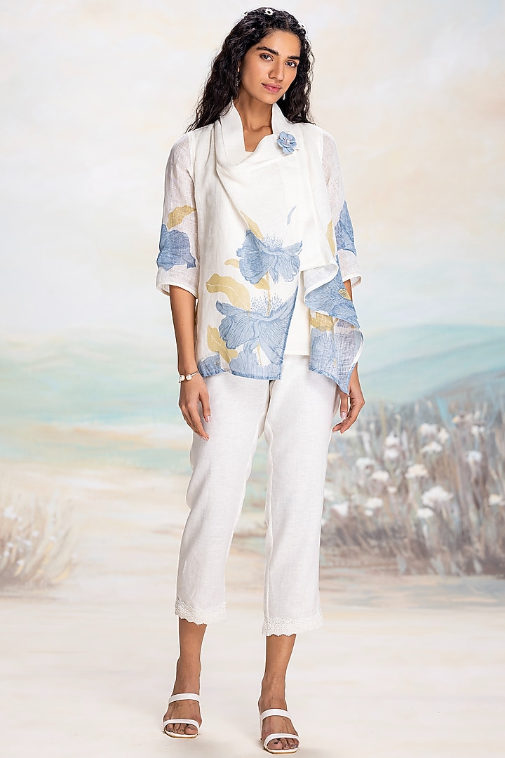 Off-White & Blue Linen Hand Screen-Printed Jacket by Kaveri at Pernia's Pop Up Shop