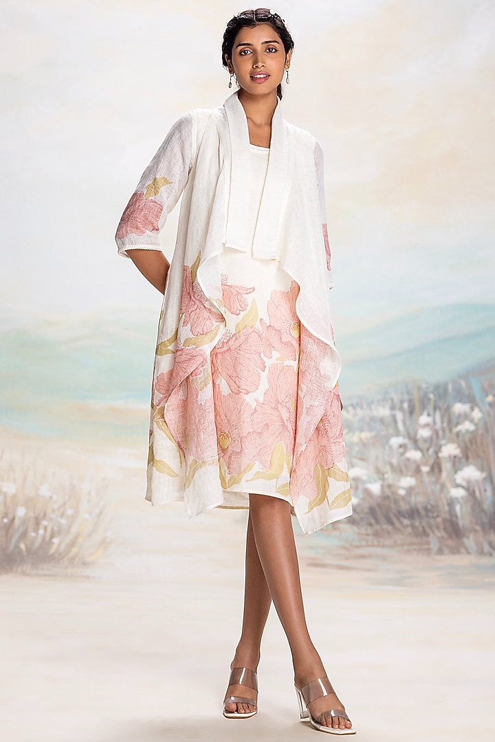 Off-White & Pink Linen Hand Screen Printed Jacket Vacation Dress by Kaveri at Pernia's Pop Up Shop