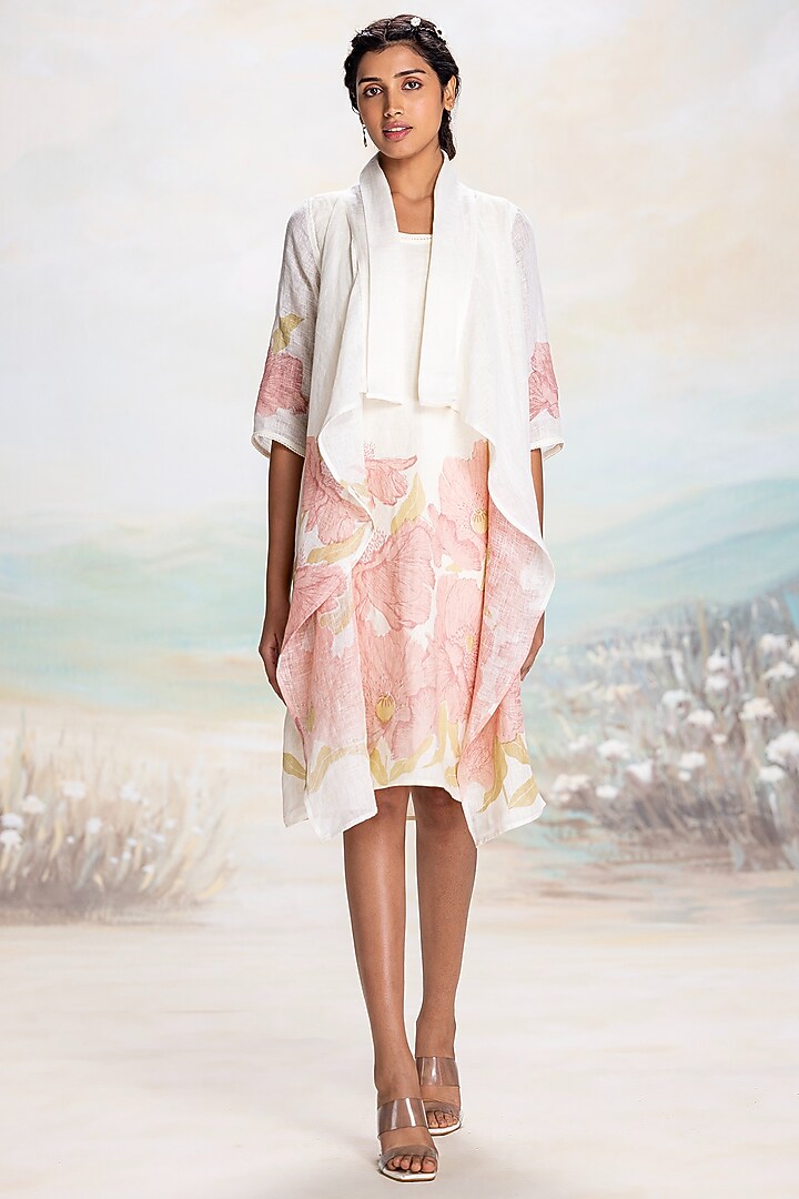 Off-White & Pink Linen Hand Screen Printed Jacket Vacation Dress by Kaveri at Pernia's Pop Up Shop
