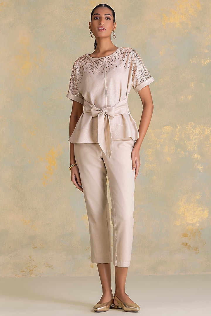 Natural Beige Linen Blend Co-Ord Set by Kaveri at Pernia's Pop Up Shop