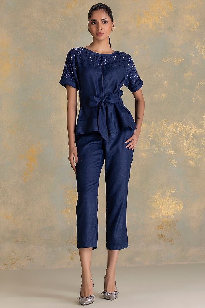 Navy Linen Blend Co-Ord Set by Kaveri at Pernia's Pop Up Shop