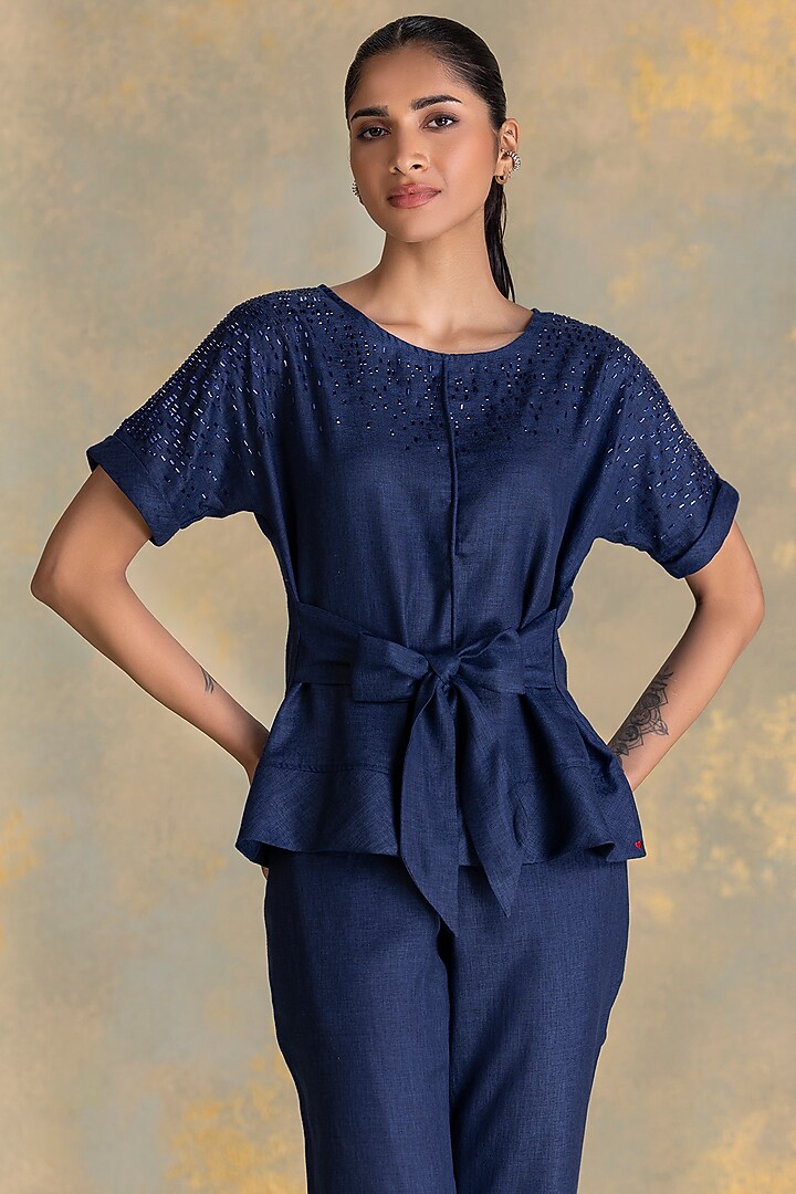 Navy Linen Blend Co-Ord Set by Kaveri at Pernia's Pop Up Shop