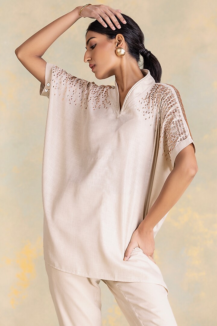 Natural Beige Linen Blend Co-Ord Set by Kaveri at Pernia's Pop Up Shop