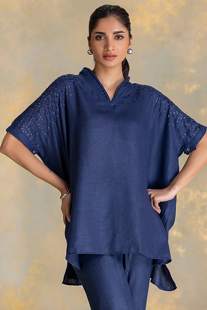 Navy Linen Blend Co-Ord Set by Kaveri at Pernia's Pop Up Shop