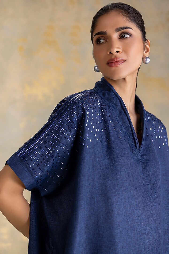 Navy Linen Blend Co-Ord Set by Kaveri at Pernia's Pop Up Shop