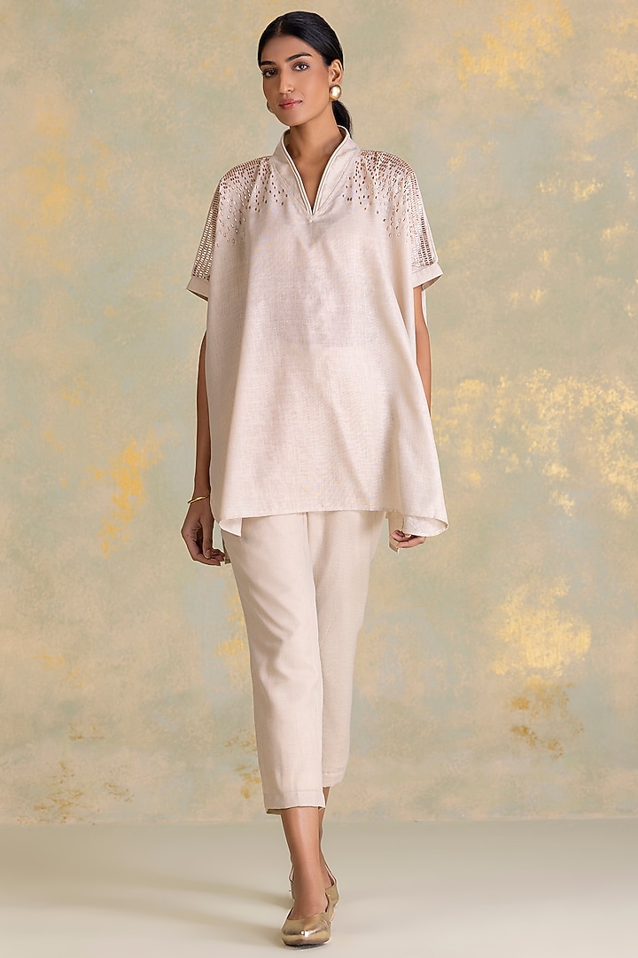 Natural Beige Linen Blend Top by Kaveri at Pernia's Pop Up Shop