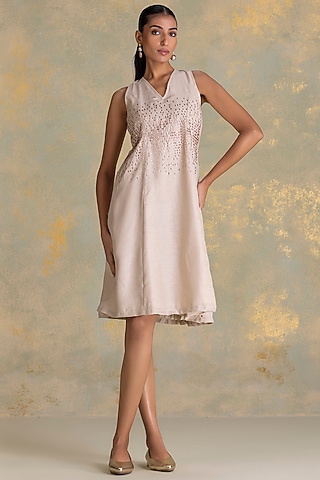 Natural Beige Linen Blend Flare Dress by Kaveri