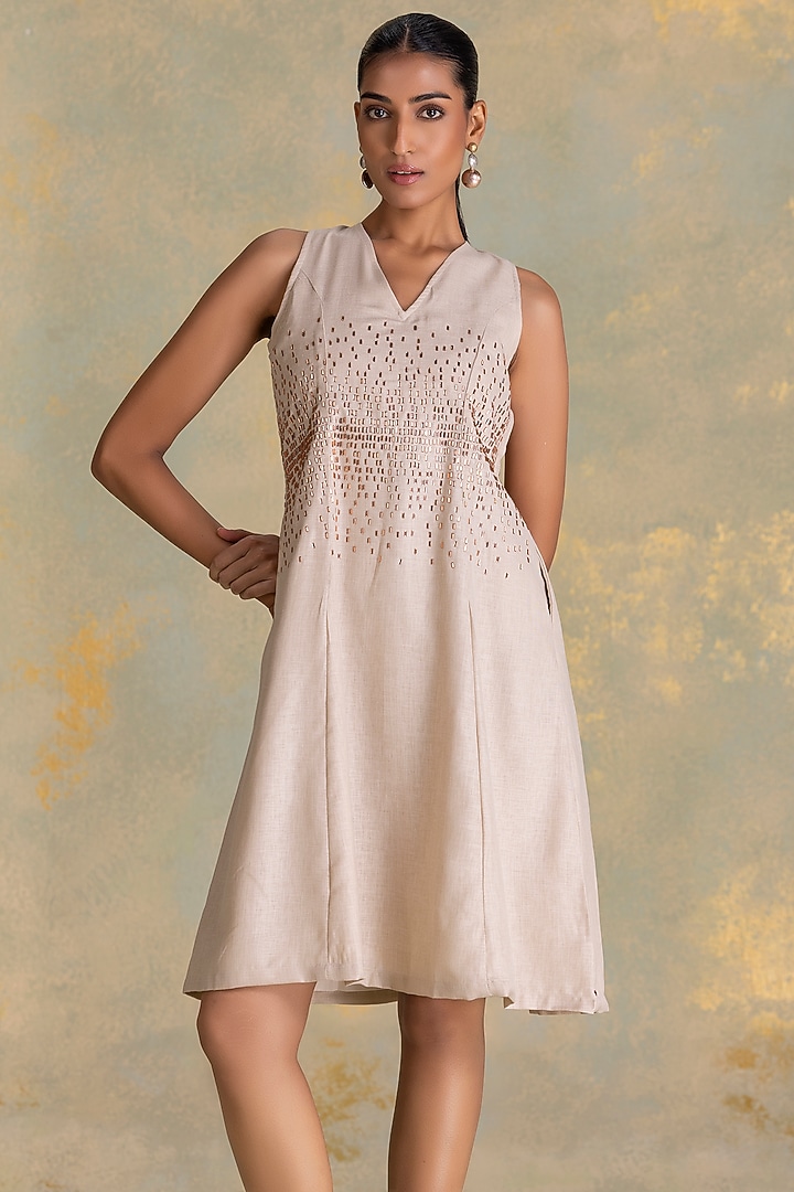 Natural Beige Linen Blend Flare Vacation Dress by Kaveri at Pernia's Pop Up Shop