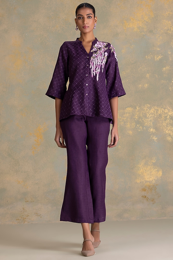 Aubergine Linen Blend Co-Ord Set by Kaveri at Pernia's Pop Up Shop