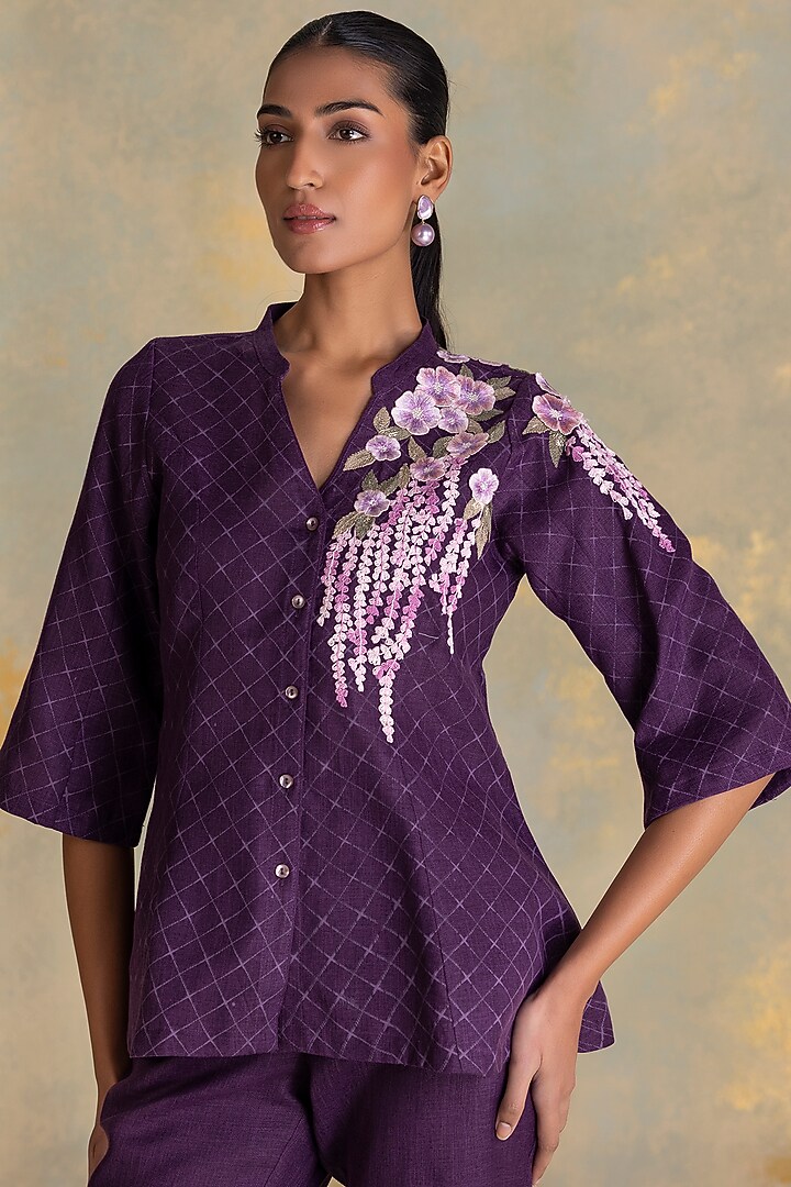 Aubergine Linen Blend Co-Ord Set by Kaveri at Pernia's Pop Up Shop