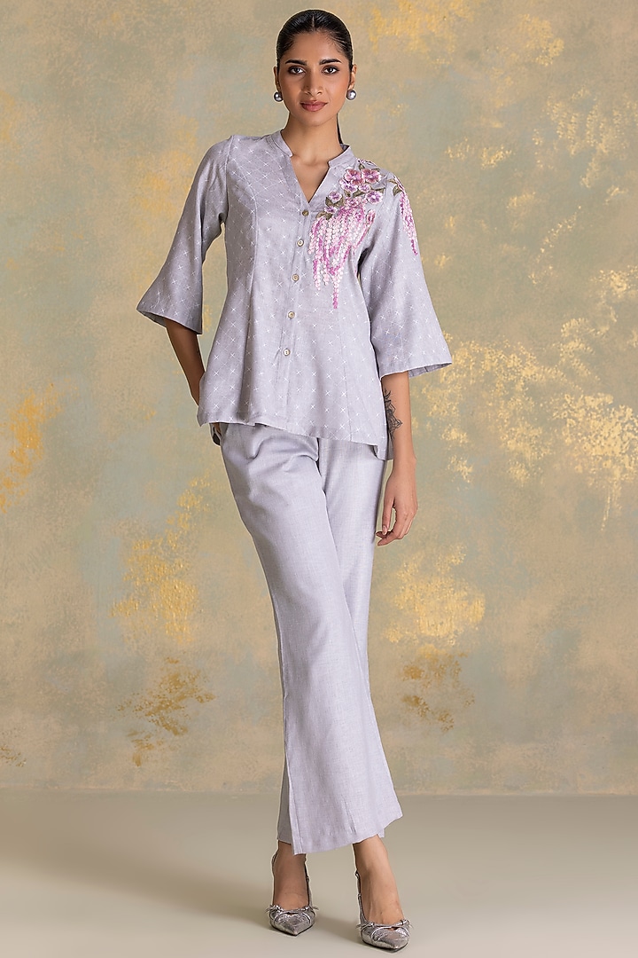 Smoke-Grey Linen Blend Co-Ord Set by Kaveri at Pernia's Pop Up Shop