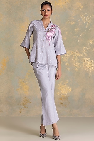 Smoke Grey Linen Blend Peplum Top by Kaveri