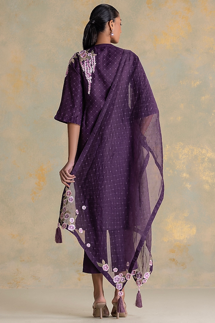 Aubergine Linen Blend Screen Printed Kurta Set by Kaveri at Pernia's Pop Up Shop