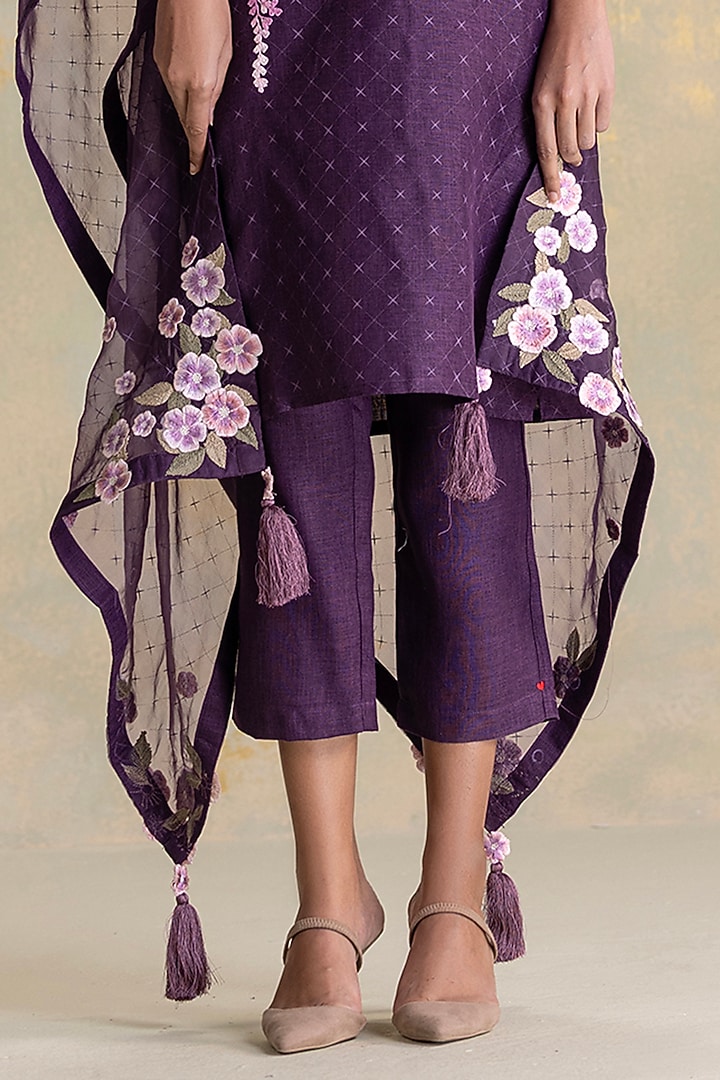 Aubergine Linen Blend Screen Printed Kurta Set by Kaveri at Pernia's Pop Up Shop