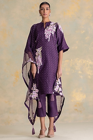 Aubergine Linen Blend Screen Printed Kurta Set by Kaveri