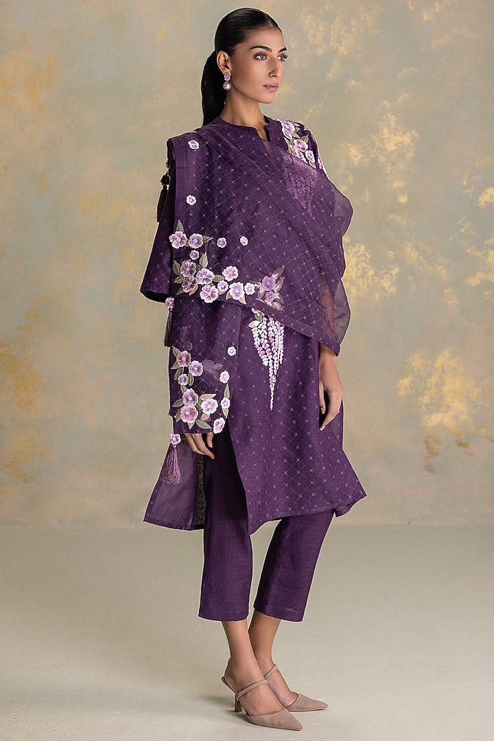 Aubergine Linen Blend Screen Printed Kurta Set by Kaveri at Pernia's Pop Up Shop