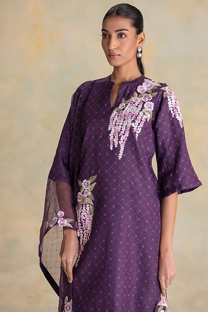 Aubergine Linen Blend Screen Printed Kurta Set by Kaveri at Pernia's Pop Up Shop