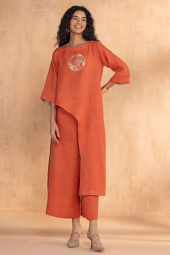 Tangerine Linen Hand-Screen Printed Co-Ord Set by Kaveri at Pernia's Pop Up Shop