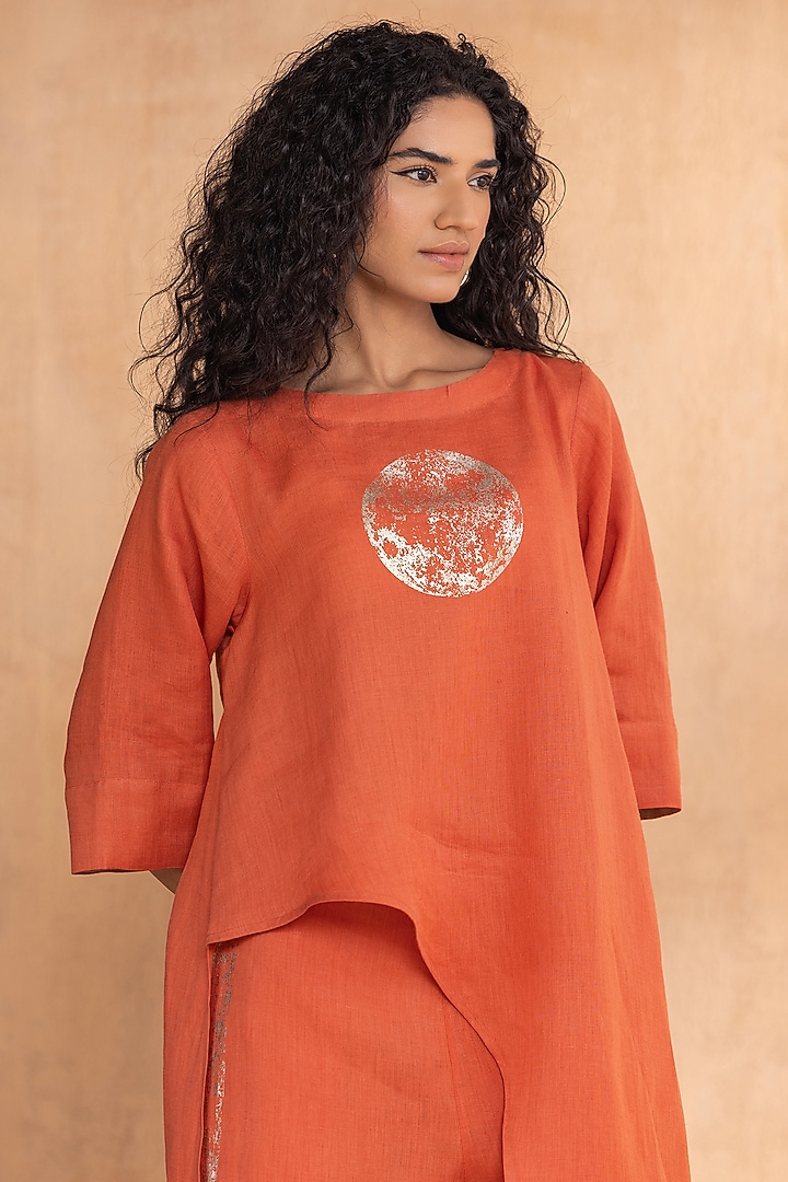 Tangerine Linen Hand-Screen Printed Co-Ord Set by Kaveri at Pernia's Pop Up Shop