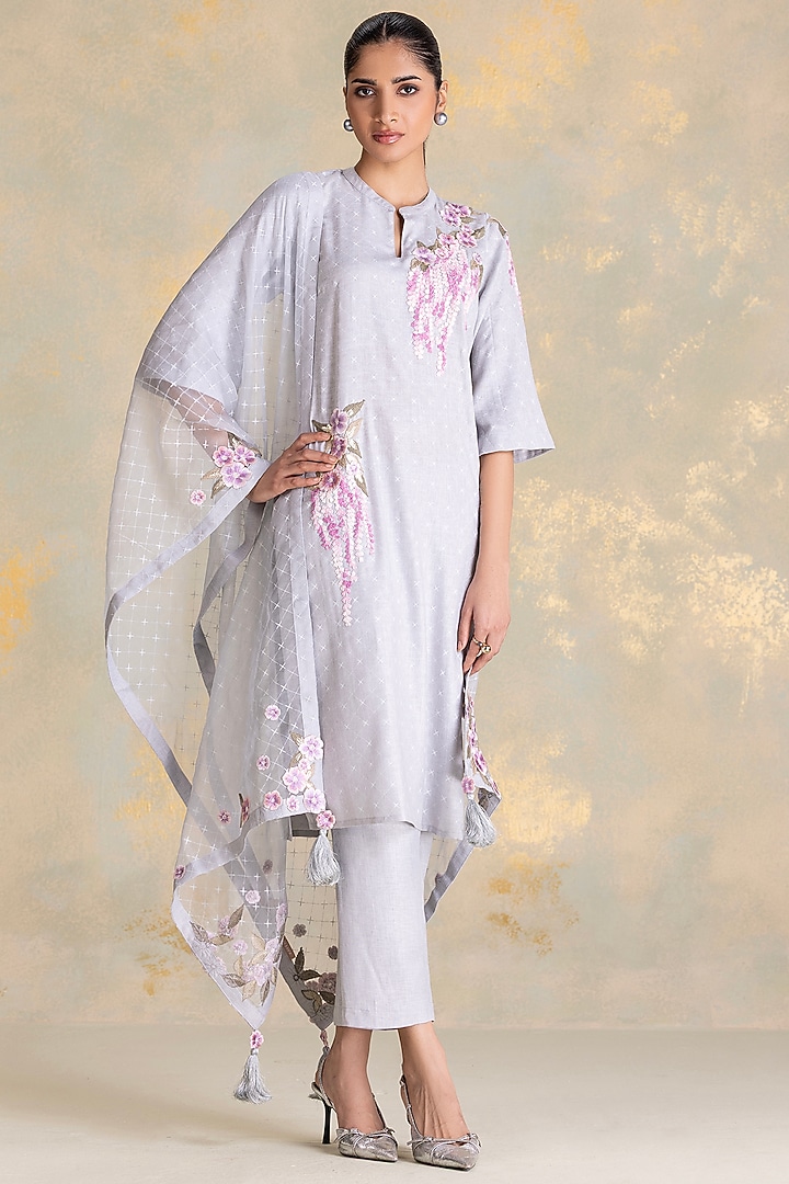 Smoke Grey Linen Printed & Embroidered Kurta Set by Kaveri at Pernia's Pop Up Shop