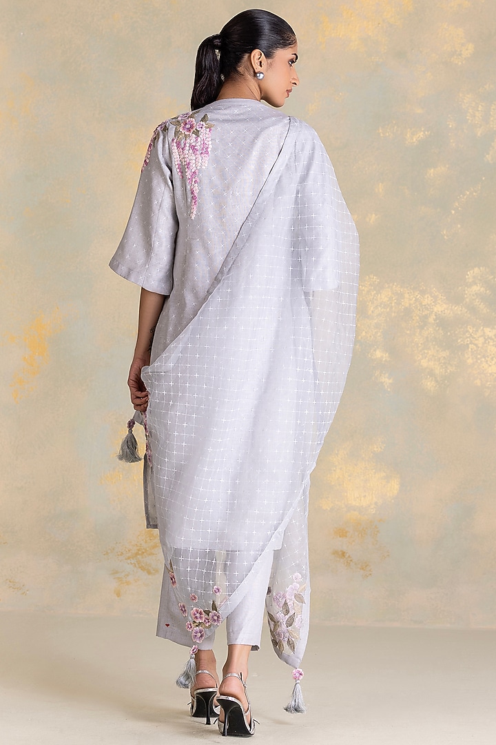 Smoke Grey Linen Printed & Embroidered Kurta Set by Kaveri at Pernia's Pop Up Shop