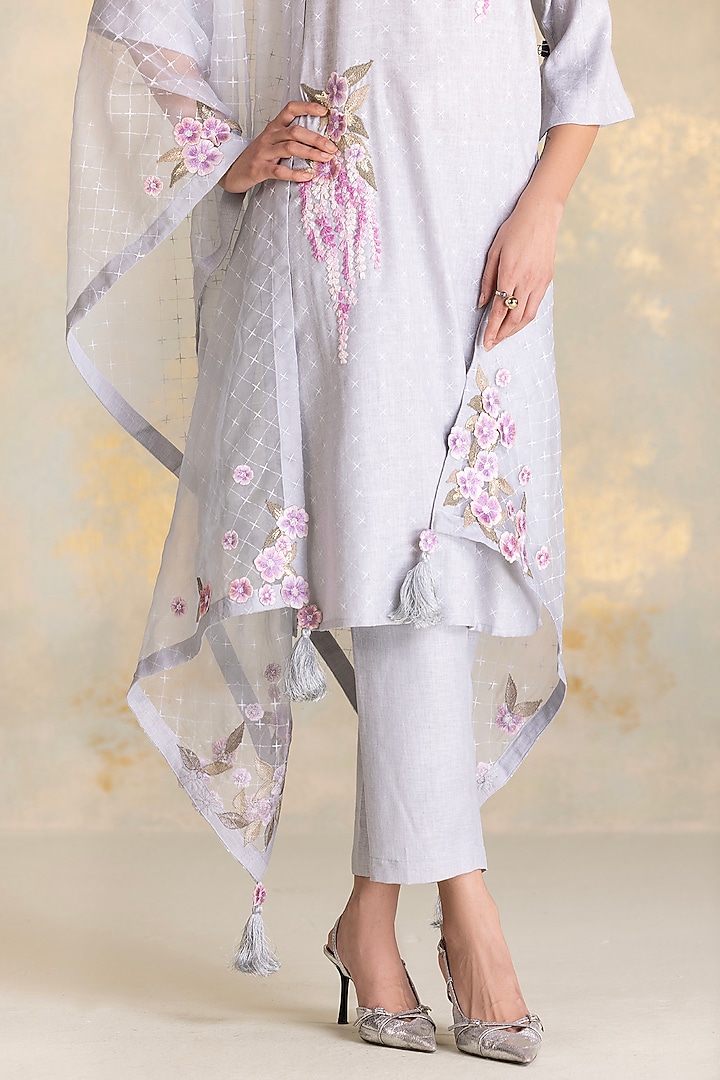 Smoke Grey Linen Printed & Embroidered Kurta Set by Kaveri at Pernia's Pop Up Shop
