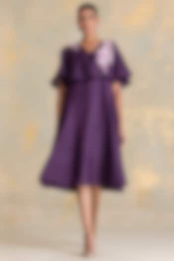 Aubergine Linen Blend Printed & Embroidered Cape Vacation Dress by Kaveri at Pernia's Pop Up Shop