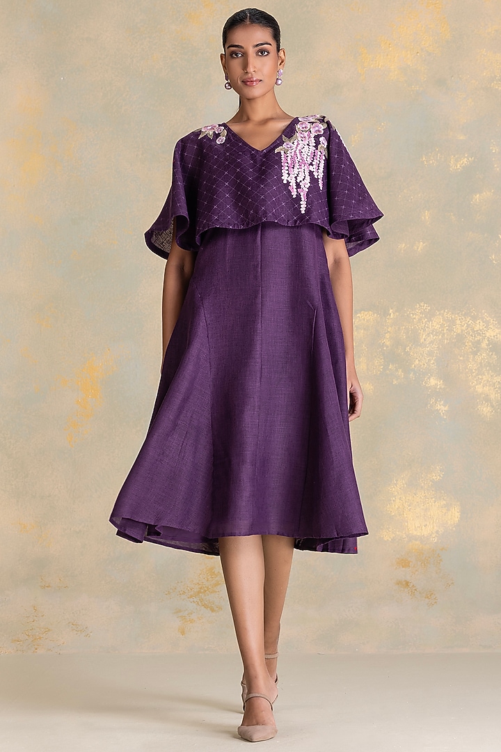 Aubergine Linen Blend Printed & Embroidered Cape Vacation Dress by Kaveri at Pernia's Pop Up Shop