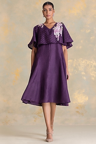 Aubergine Linen Blend Printed & Embroidered Cape Dress by Kaveri