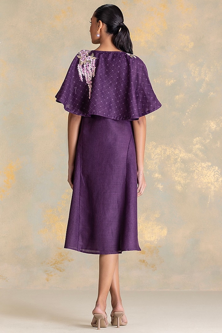 Aubergine Linen Blend Printed & Embroidered Cape Vacation Dress by Kaveri at Pernia's Pop Up Shop