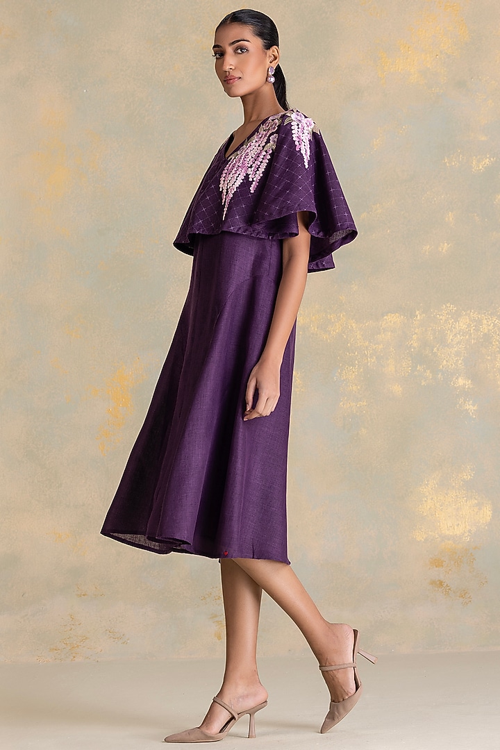 Aubergine Linen Blend Printed & Embroidered Cape Vacation Dress by Kaveri at Pernia's Pop Up Shop