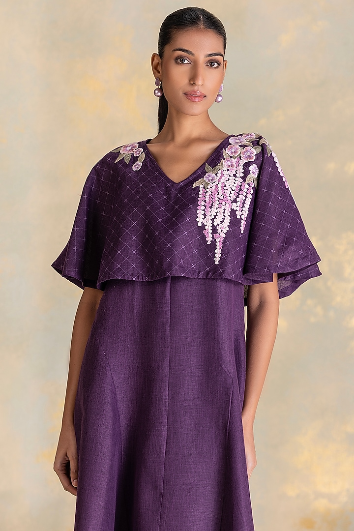 Aubergine Linen Blend Printed & Embroidered Cape Vacation Dress by Kaveri at Pernia's Pop Up Shop