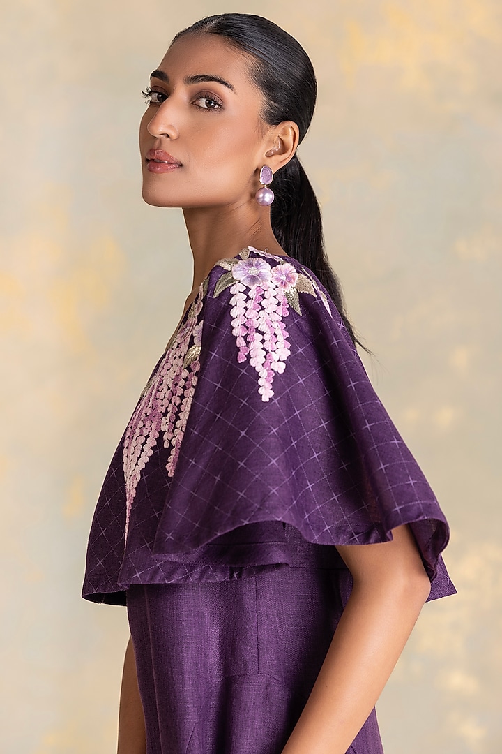 Aubergine Linen Blend Printed & Embroidered Cape Vacation Dress by Kaveri at Pernia's Pop Up Shop