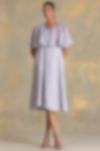 Smoke Grey Linen Blend Printed & Embroidered Cape Vacation Dress by Kaveri at Pernia's Pop Up Shop