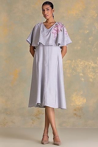 Smoke Grey Linen Blend Printed & Embroidered Cape Dress by Kaveri