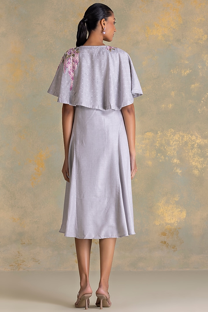 Smoke Grey Linen Blend Printed & Embroidered Cape Vacation Dress by Kaveri at Pernia's Pop Up Shop
