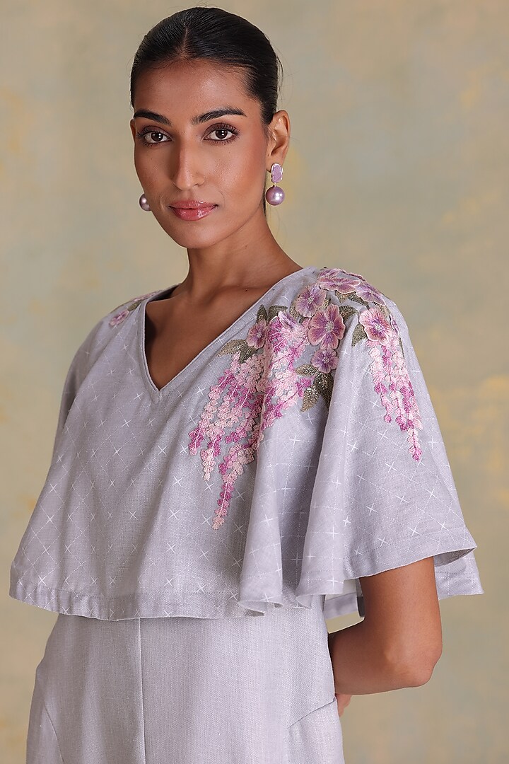 Smoke Grey Linen Blend Printed & Embroidered Cape Vacation Dress by Kaveri at Pernia's Pop Up Shop