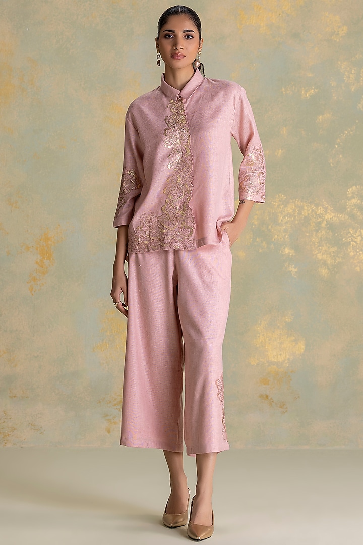 Blush Linen Blend Floral Embroidered Co-Ord Set by Kaveri at Pernia's Pop Up Shop