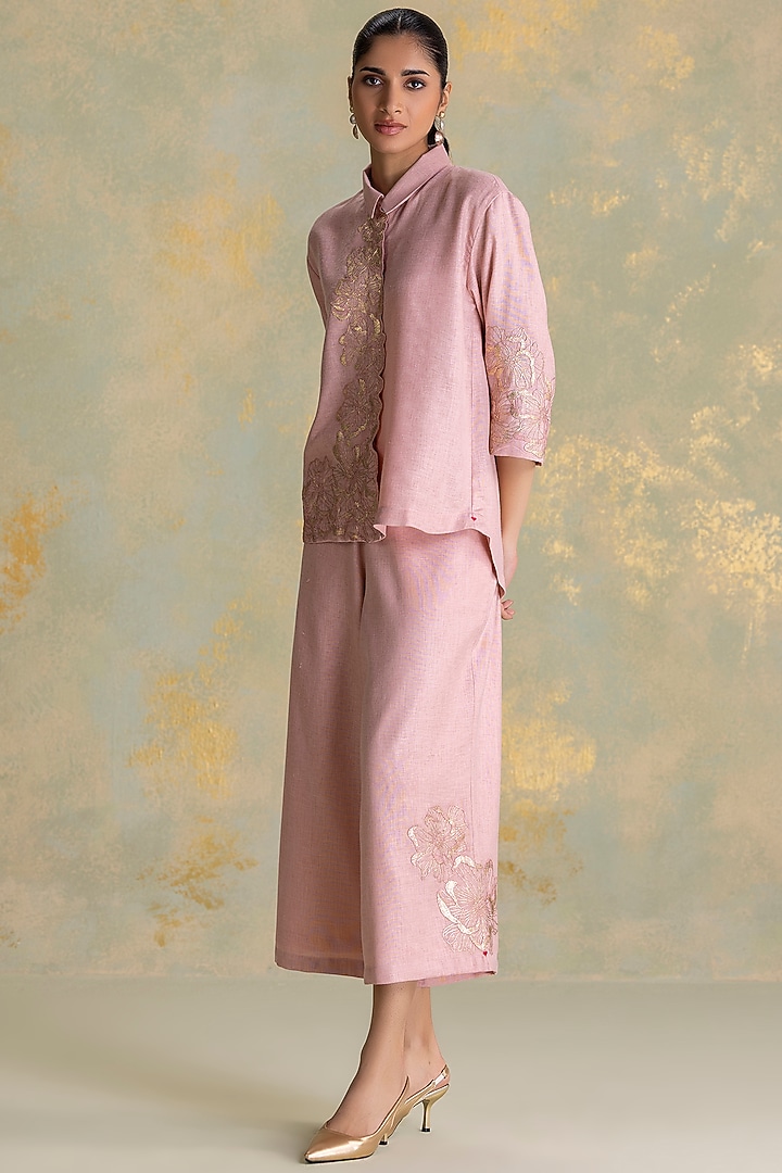Blush Linen Blend Floral Embroidered Co-Ord Set by Kaveri at Pernia's Pop Up Shop