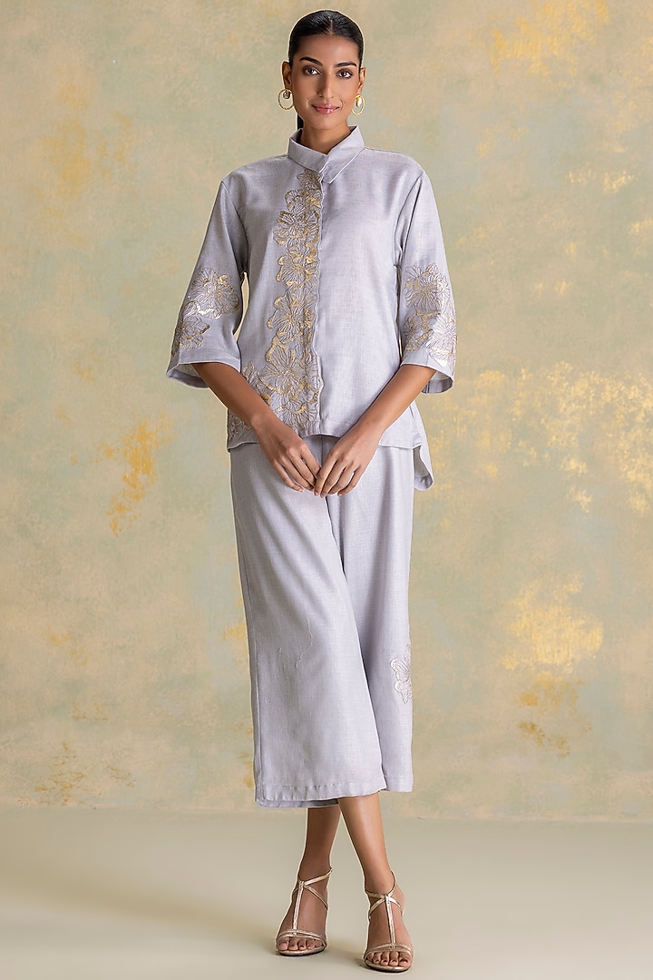 Smoke Grey Linen Blend Floral Embroidered Co-Ord Set by Kaveri at Pernia's Pop Up Shop