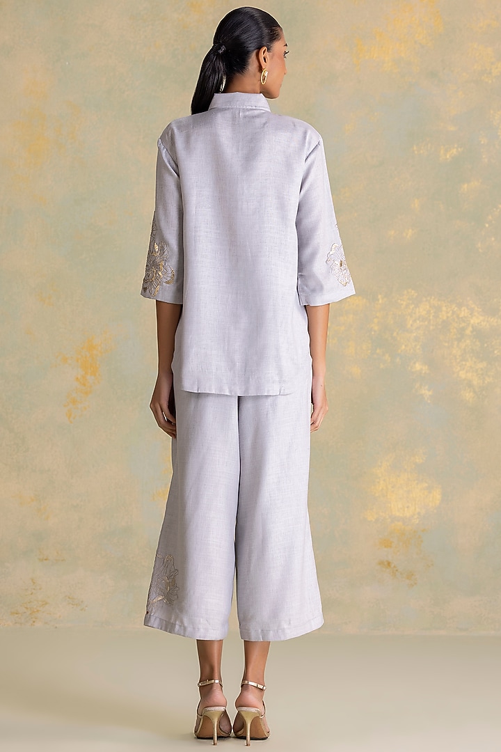 Smoke Grey Linen Blend Floral Embroidered Co-Ord Set by Kaveri at Pernia's Pop Up Shop